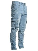 Nuevos pantalones vaqueros para hombre, pantalones vaqueros lavados de Color sólido con múltiples bolsillos, pantalones vaqueros Cargo de cintura media, pantalones casuales de moda de talla grande, ropa diaria para hombre - details 2