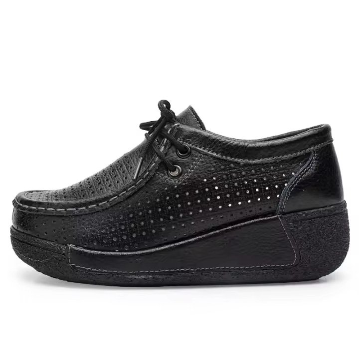 Mocasines de cuero con cordones y plataforma para mujer, cómodos mocasines con cuña y punta redonda - 1