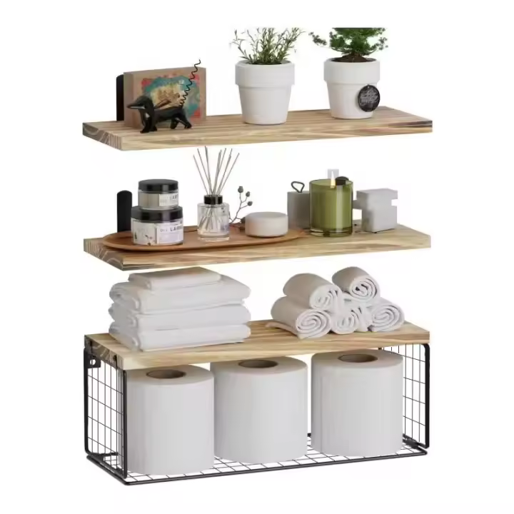 Juego de soporte para almacenamiento de toallas de pared para baño, organizador de estante de toalla enrollado para baño pequeño, toallero Vertical de madera negra - 1