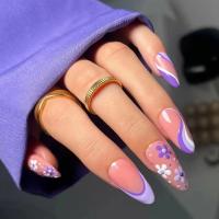 24pcs Uñas Postizas De Acrílico Long Almond Con Diseño De Mariposa Negra Y Flores Moradas Estilo Francés Para DIY - details 0