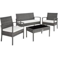 Conjunto de Jardín Exterior de Ratán y Aluminio, Muebles de Jardín Exterior Resistentes a la Intemperie, 2 Sillones, 1 Sofá, 1 Mesa de Cristal, con Cojines de 5,5 cm y 2 Juegos de Fundas - Gris - details 0