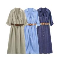 BUNO-Vestido camisero a rayas para mujer, plisado con cinturón, midi, manga con vuelta, largo para playa, verano, 2025 - details 1