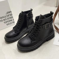 Moda casual muffin botas de mujer negras de suela gruesa con cordones y suela gruesa - details 23