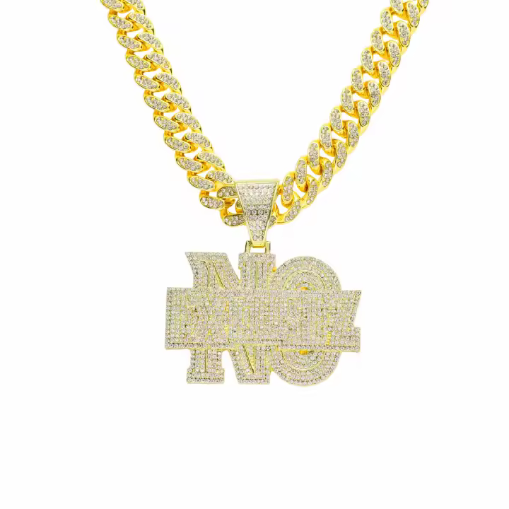Collar Hip Hop con Diamantes y Letras NO en Cadena Curbada Dorada - Joyería Estilo Rapero para Hombres - 1