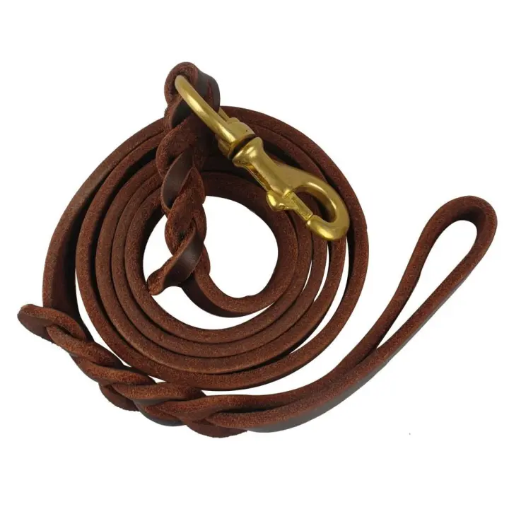 Productos para mascotas con gancho de cobre, correa de cuero trenzada para perro, cuerda de tracción larga y suave para perro, marrón duradero para exteriores - 1