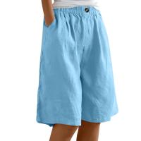 Pantalones Cortos de Lino y Algodón para Mujer Color Sólido, Cintura Suelta, Bolsillo, Botón, Moda Casual - details 13