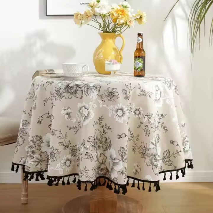 Sábanas verdes con manteles circulares estampados, manteles bohemios de lino y algodón con borlas para cocina, comedor y Navidad - 1