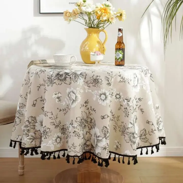 Sábanas verdes con manteles circulares estampados, manteles bohemios de lino y algodón con borlas para cocina, comedor y Navidad - 1
