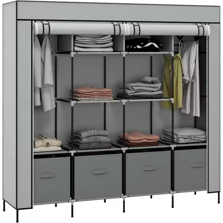 Armario de Tela para Dormitorio Armario Portátil con 10 Compartimentos 2 Rieles Colgantes y 4 Cajones de Tela 166x42,5x169,5 cm Gris Oscuro - 1