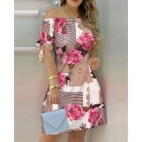 Vestido Estampado Sexy A La Moda Para Mujer, Vestido Acampanado De Manga Corta Con Hombros Descubiertos, Minivestidos Con Hombros Descubiertos Para Mujer - details 24