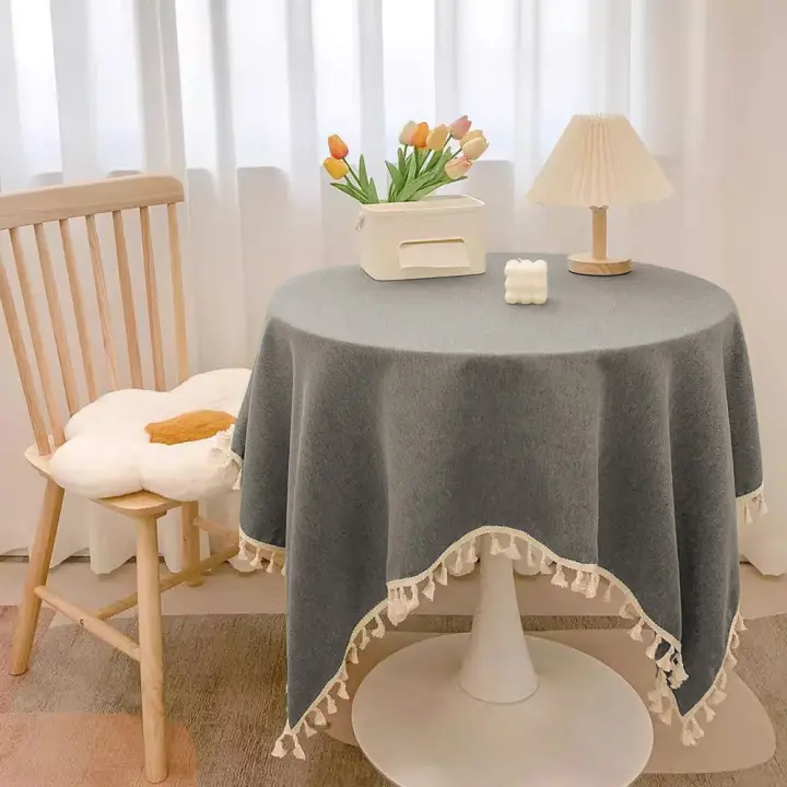 Mantel Redondo Impermeable Antimanchas con Flecos Estilo Rústico Elegante para Mesa de Centro o Comedor Decoración Campestre Moderna Fácil Limpieza (Algodón y Lino) - 1