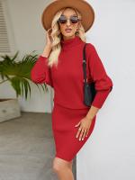 Vestido largo de punto para mujer, prenda ajustada con cuello de tortuga, manga de murciélago, falda por encima de la rodilla, Color liso, novedad de 2023 - details 9