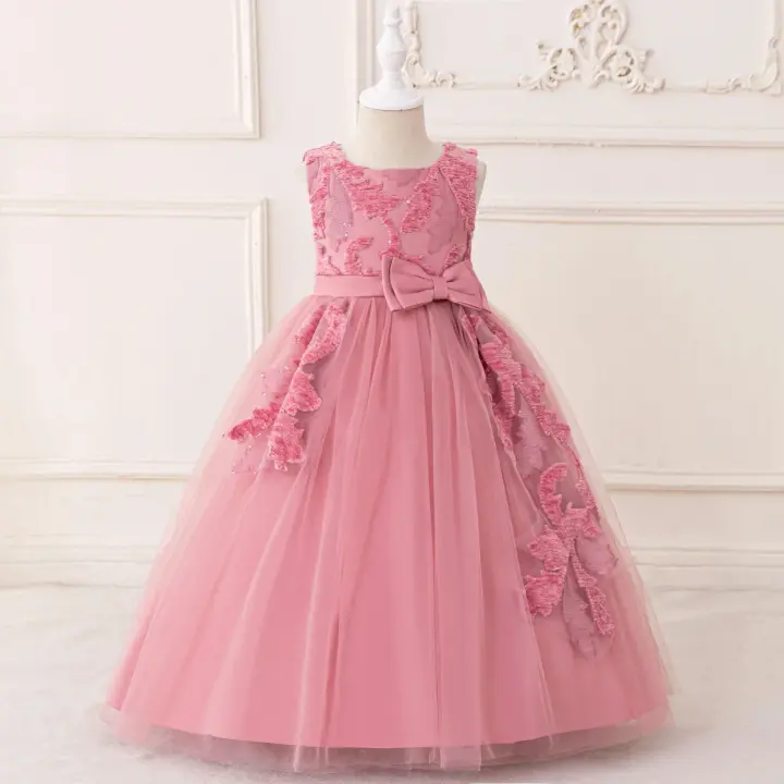 Vestido de dama de honor con flores y lentejuelas a la moda, vestido Formal rosa para fiesta de boda, vestido de princesa con lazo de tul, ropa de noche de cumpleaños para niños - 1