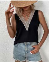 Blusa de encaje Parchwork para mujer, camiseta holgada con agujeros para verano, ropa de calle informal, Top sin mangas con cuello en V Lac - details 5