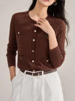 Cárdigan informal y cómodo para mujer con botones de cuello redondo, chaqueta cálida de manga larga, diseño holgado - details 4