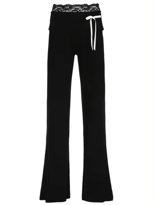 Pantalones acampanados para mujer, pantalones negros de cintura alta con lazo largo, ropa cómoda y elástica - 1