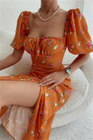 Vestido de mujer, novedad de verano 2025, vacaciones, pausa para el té, cuello cuadrado, falda de longitud media, mangas de burbuja, vestido con abertura Floral francés - details 44