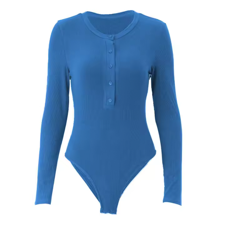 Mono sólido de manga larga BUNO-otoño, sexy, fantasía, cuello redondo, tops con botones, ajustado al cuerpo, para mujer, ropa de noche para discoteca. - 1