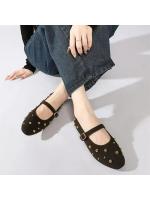 Zapatos de Ballet Planos para Mujer con Diseño de Remaches Dorados Suela Suave Antideslizante con Cinturón de Gamuza Sintética y Tirante de Metal - details 1
