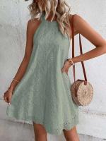 Nuevo vestido midi de mujer informal de verano de algodón y poliéster con cuello redondo y botones sin mangas de Color sólido de encaje - details 4