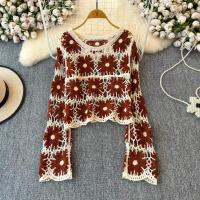 Suéter de punto de ganchillo de manga larga para mujer, Top corto de punto abierto transparente, jersey para adolescente, traje de playa bohemio para Otoño e Invierno - details 1