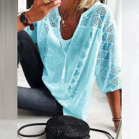 Blusa de Lino y Algodón para Mujer Cuello en V, Manga 3/4, Blusa Holgada Informal, Moda Diaria - details 9