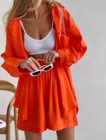 Camisa de manga larga con un solo pecho de color liso, pantalones cortos sueltos, informal de moda nuevo - details 1
