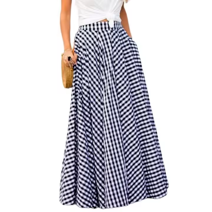 Vintage bohemio mujeres cintura alta verano a cuadros bolsillos Casual A-e Maxi faldas playa falda larga - 1
