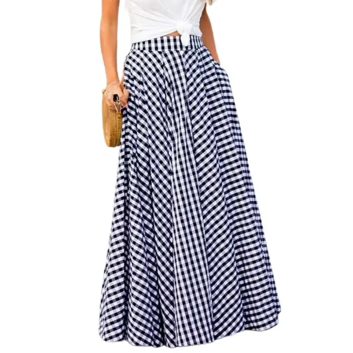 Vintage bohemio mujeres cintura alta verano a cuadros bolsillos Casual A-e Maxi faldas playa falda larga - 1