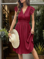 Vestido plisado de verano para mujer, manga corta, color sólido - details 20
