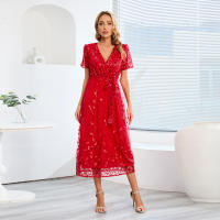 Vestido largo de fiesta de gasa de manga corta para mujer, vestido nupcial, rojo S - details 3