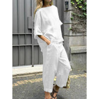 Conjunto de verano de 2 piezas para mujer, talla grande, camisa de lino y algodón, traje con pantalones largos holgados a la cintura - details 7