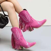 Fabricante de botas de vaquero con tacón de 6cm de cuero PU con cabeza cuadrada y tobillo occidental grande con borla y correa - details 1