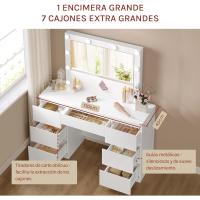 Espejo y Luz LED, Mesa Con 7 Cajones Almacenamiento y Enchufes USB-A y USB-C, Blanco - details 3