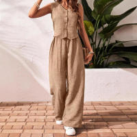 Conjunto casual de lino nuevo para mujer, chaleco con cuello en V, top sin mangas con botones frontales y pantalones largos. - details 1