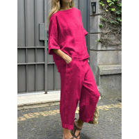 Conjunto de verano de 2 piezas para mujer, talla grande, camisa de lino y algodón, traje con pantalones largos holgados a la cintura - details 4