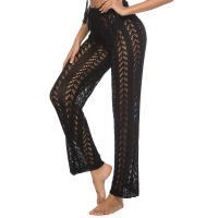 Pantalones de pierna ancha calados con cordones para mujer, pantalón de pierna ancha, color Beige, de cintura alta, transparente, para vacaciones en la playa, color blanco y negro, verano - details 4