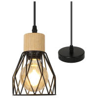 Goeco-Lámpara de Techo Colgante E27, Luz de Techo Vintage Industrial en Madera, Diseño de Jaula de Metal, Negro (Sin Bombilla) - details 3