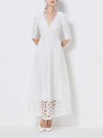 Elegante Vestido Maxi Blanco VGH Cuello en V, Manga Alta, Cintura Recortada, Adelgazante - details 4