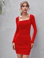 Minivestido ajustado de manga larga con cuello cuadrado para mujer, traje de fiesta fruncido plisado, tubo rojo - details 4