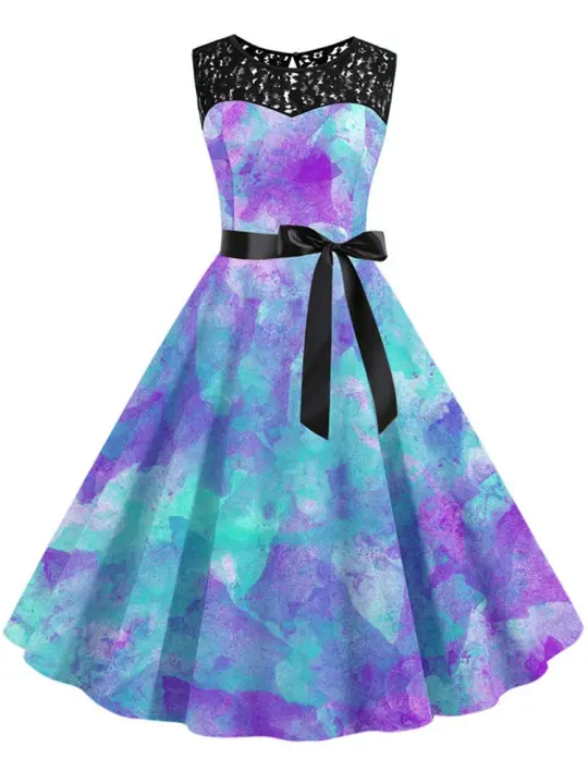Verano elegante estampado floral encaje mujer sin mangas una línea vintage midi vestido de fiesta cinturón - 1