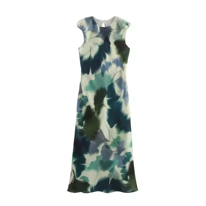 Vestido estampado de seda y satén con textura de temperamento de mujer europea y americana - 1