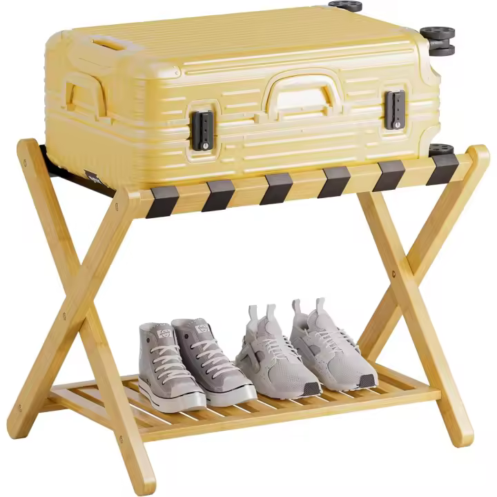portaequipajes, plegable para maleta bambú con estante almacenamiento para habitación, dormitorio, hotel, servicio pesado (negro) - 1