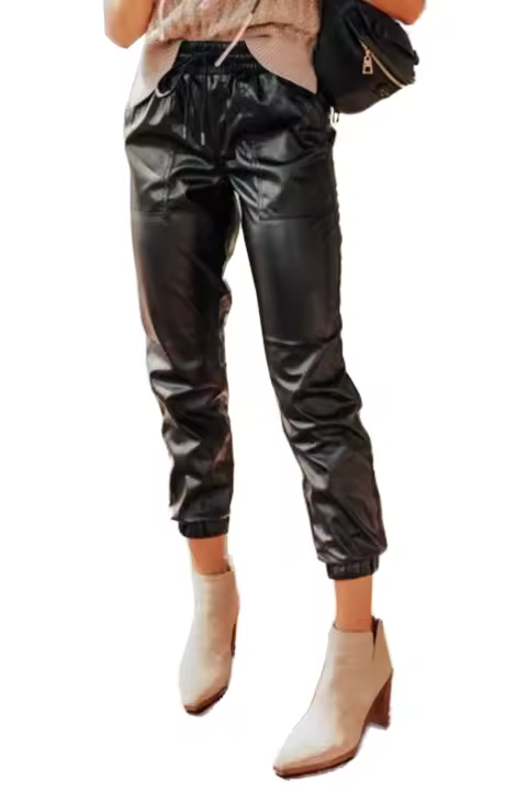 Elrachen Pantalones deportivos tobilleros de piel sintética para mujer con cintura fruncida y cordón, negro, tallas S-XL - 1