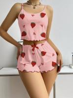 Conjunto estampado de amor de fresa europeo y americano, conjunto de pantalones cortos con tirantes para mujer, conjunto de dos piezas, dulce y lindo - details 7