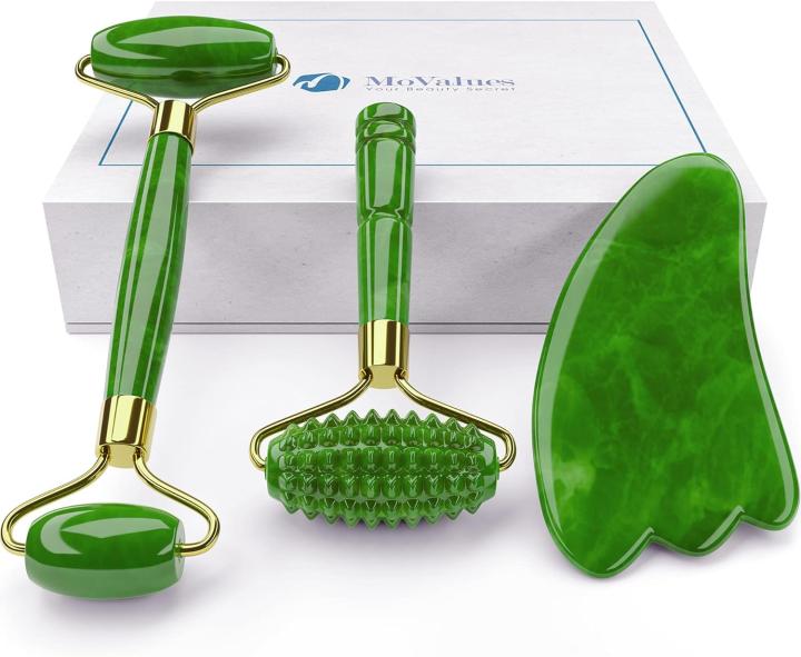 MoValues Set de Rodillo Facial y Gua Sha Facial 4 en 1 – Rodillo de Jade Cara y Ojos, Gua Sha de Jade, Rodillo Estriado Masajeador Facial Frío o Caliente – 100 % Jade Auténtico - Cuidado Facial Mujer