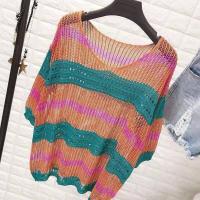 Blusas caladas coloridas de media manga para mujer, camisa de punto de seda de hielo a rayas, jersey holgado de estilo Retro, camisetas sin mangas ligeras - details 5