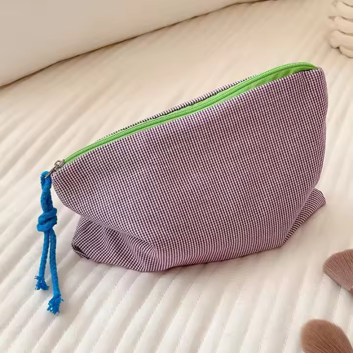 Nueva bolsa de maquillaje a cuadros para mujer, bolsa de algodón de gran capacidad con cremallera, bolso de mano de viaje, bolsa de maquillaje, neceser con cremallera cosmética femenina - 1