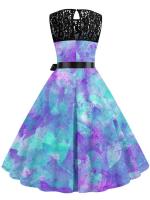 Summer elegant floral print lace women sleeveless a-line vintage midi party dress belt - details 4