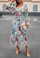 Vestido de manga larga con cuello en V estampado informal para vacaciones de otoño a la moda para mujer - details 7